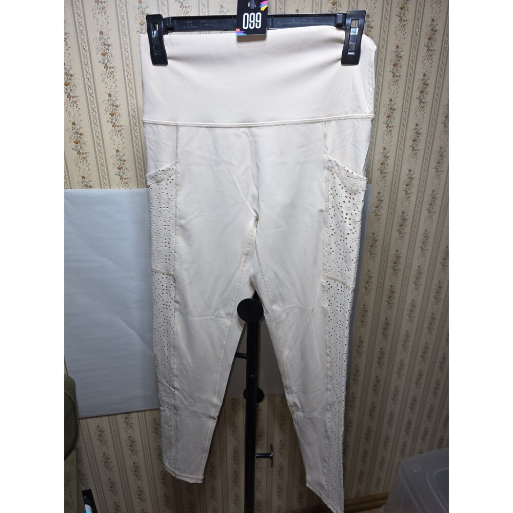 Aerie Leggings Womens High Rise Cream Pocket Laser Cut Athletic Sz L Activewear